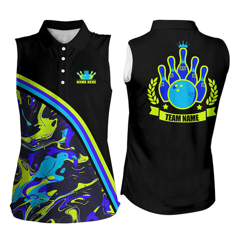 Women sleeveless polo shirts Custom green and blue bowling camo pattern black Team league Jerseys NQS7333