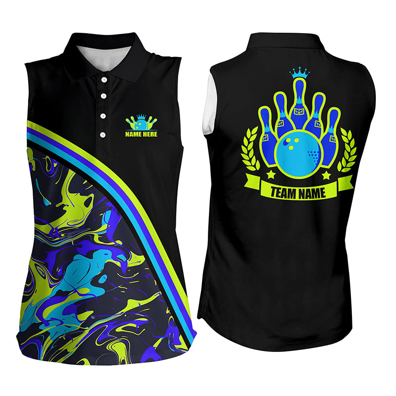 Women sleeveless polo shirts Custom green and blue bowling camo pattern black Team league Jerseys NQS7333