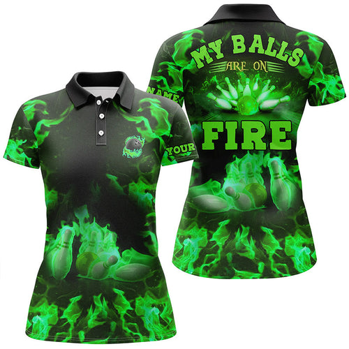 Green Flame bowling shirt custom my balls are on fire bowling polo shirts for women, bowling jersey NQS6458