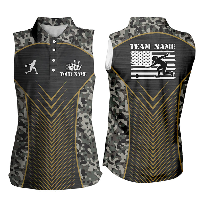Womens Bowling sleeveless Polo Shirts Custom camo American flag team Ladies Jerseys NQS6702
