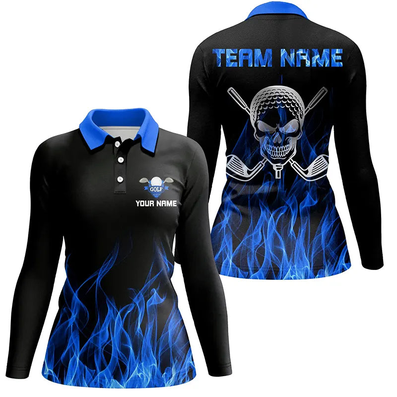 Black Womens golf polo shirt custom blue flame skull golf clubs, personalized golf gifts for women NQS6726