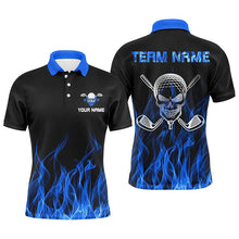 Load image into Gallery viewer, Black Mens golf polo shirts custom blue flame skull golf clubs, personalized golf gifts for men NQS6726