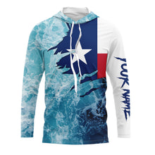 Load image into Gallery viewer, Texas flag fishing Saltwater Long sleeve customized name Fishing Shirts UV Protection, Sea wave camo blue Fishing Shirts NQS2567