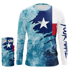 Load image into Gallery viewer, Texas flag fishing Saltwater Long sleeve customized name Fishing Shirts UV Protection, Sea wave camo blue Fishing Shirts NQS2567