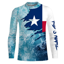 Load image into Gallery viewer, Texas flag fishing Saltwater Long sleeve customized name Fishing Shirts UV Protection, Sea wave camo blue Fishing Shirts NQS2567