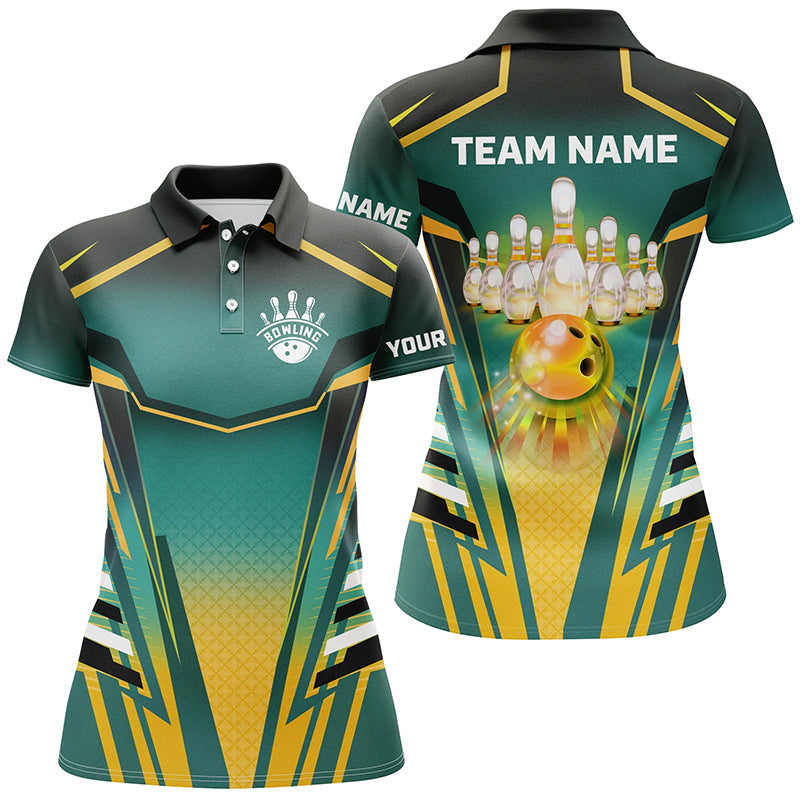 Women bowling polo shirts Custom green and yellow Bowling ball pins Team Jerseys bowling apparel NQS7106