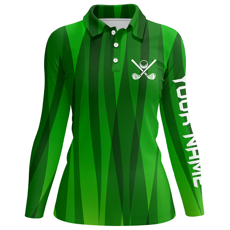 Green stripes pattern custom name Womens golf polos shirts, ladies's golf attire unique golf gifts NQS7136