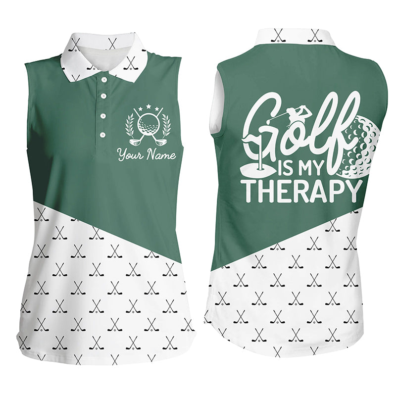 Golf is my therapy Womens sleeveless polo shirt custom green golf clubs pattern golf shirts for women NQS5155