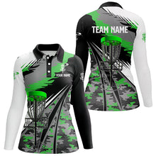 Load image into Gallery viewer, Women disc golf polo shirts custom green camo disc golf basket team disc golf outfit NQS7003