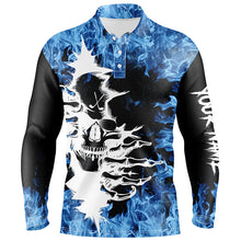 Load image into Gallery viewer, Black Mens golf polo shirt custom blue fire skull golf shirts, personalized golf gifts NQS6544