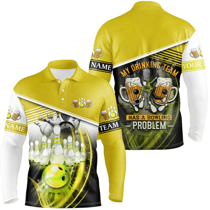 Mens polo bowling shirts Custom My drinking team has a bowling problem team league jerseys | Yellow NQS7015