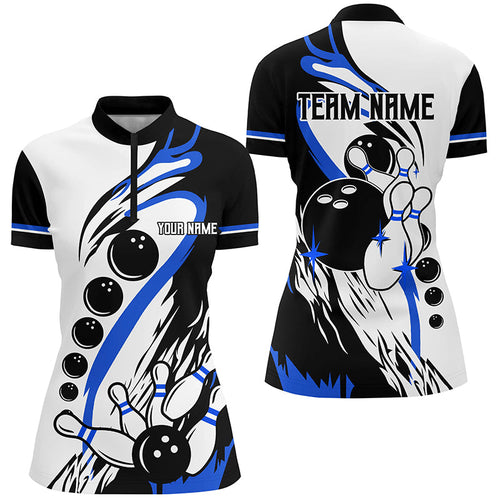 Black white retro bowling league jerseys custom Women Bowling Quarter Zip Shirt, gift for bowler| Blue NQS7154