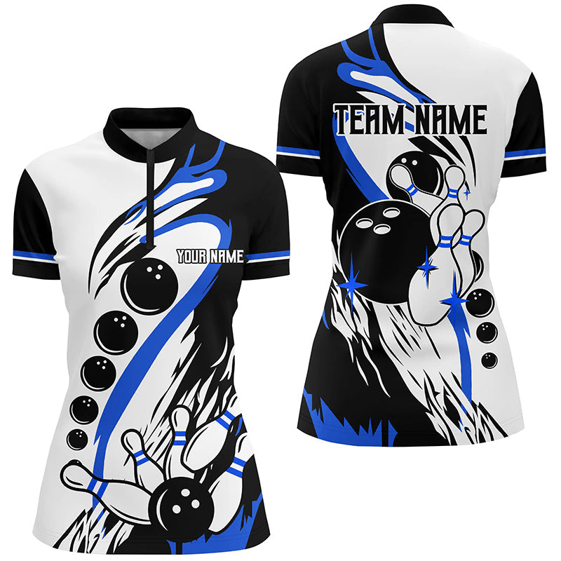 Black white retro bowling league jerseys custom Women Bowling Quarter Zip Shirt, gift for bowler| Blue NQS7154