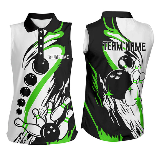 Black white retro bowling league jersey custom Women Bowling sleeveless Polos, gifts for bowler| Green NQS7155