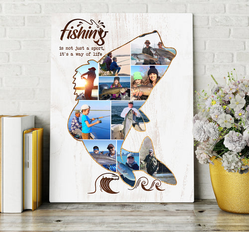 Fishing photo collage gift, Fish shape canvas, Custom Bass fish shape wall art, fishing gift NQS3184