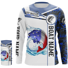 Load image into Gallery viewer, Red snapper Fishing blue camo American Flag Custom name and boat name performance Fishing Shirts NQS5192