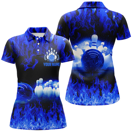 Custom Blue bowling shirt for women – personalized team jersey front view