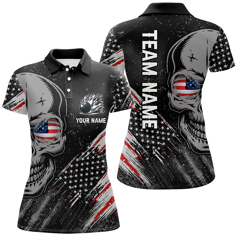 Black American flag retro bowling league jerseys custom skull Women Bowling Polo Shirts, bowler gifts NQS7158