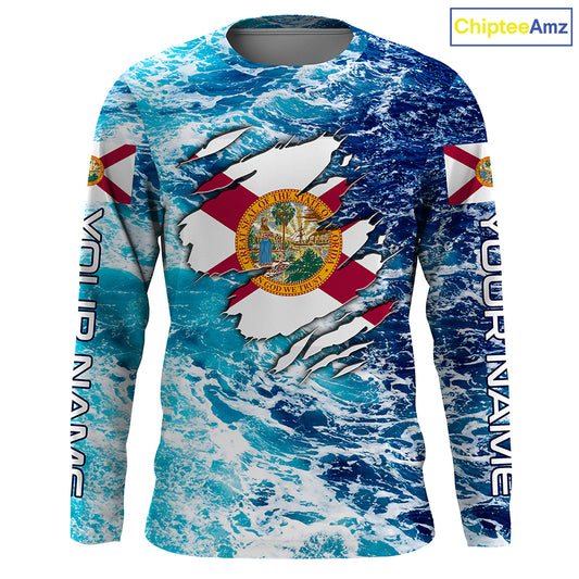 Blue sea wave ocean camo Florida flag shirt Custom sun protection fishing fishing long sleeve shirts NQS3455