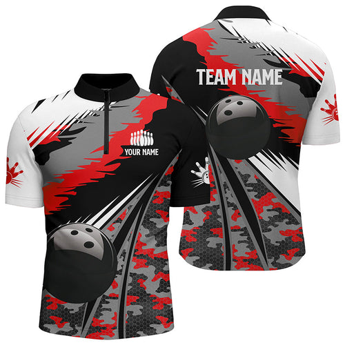 Men's bowling Quarter Zip shirts Custom black ball red camo Bowling Team Jersey, gift for Bowlers NQS6571