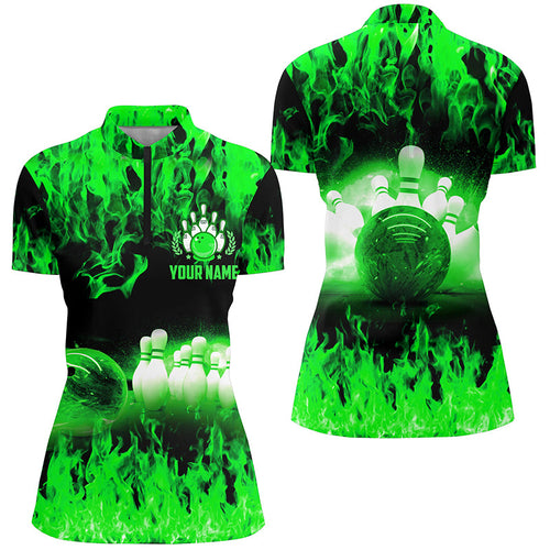 Green flame Womens Quarter Zip shirts, Personalized Bowling Team Bowlers Jersey, bowling team uniforms NQS6367