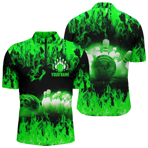 Green flame Men's bowling Quarter Zip shirts, Personalized cool Bowling Team league bowling shirts NQS6367