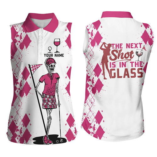 White Pink Womens sleeveless polo shirt Golf & wine skull custom name the next shot is in the glass NQS4931