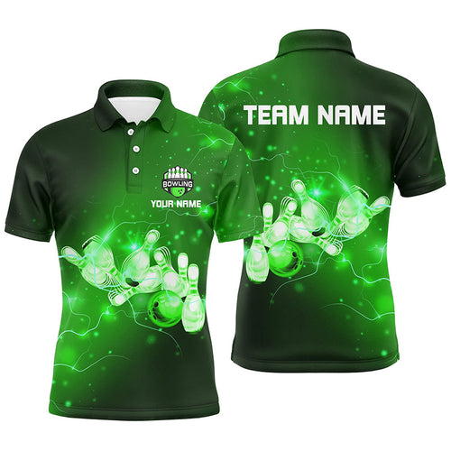 Mens Bowling Polo Shirts Custom Green flashes of lightning thunder bowling team Mens Bowler Jerseys NQS7046