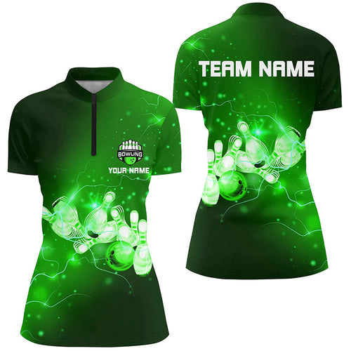 Womens Bowling Quarter-Zip Shirt Custom Green flashes of lightning thunder bowling team Ladies Jersey NQS7046