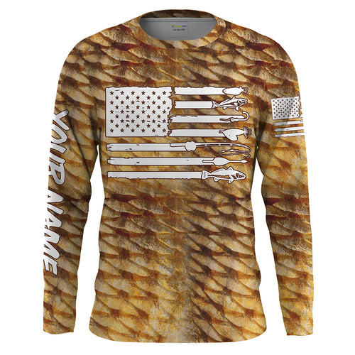 Redfish puppy drum Fishing American flag patriotic Customize Name long sleeves fishing shirts UPF 30+ NQS2220