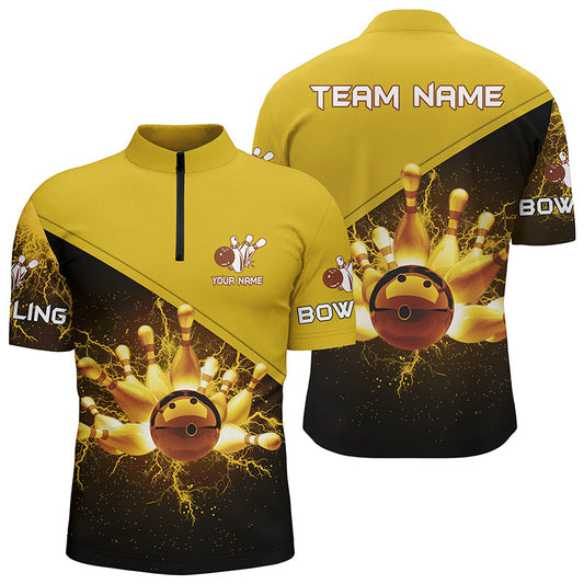 Men's Quarter Zip shirts Custom gold lightning thunder Bowling Team Jersey, gift for team Bowlers NQS6383
