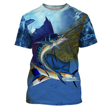 Load image into Gallery viewer, Sailfish fishing blue deep sea Custom UPF fishing Shirts jersey, custom fishing shirts with hood NQS3218