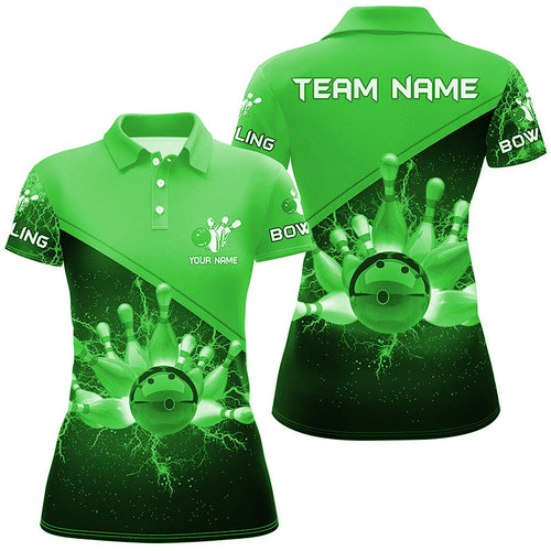 Women bowling polo shirts Custom green lightning thunder Bowling Team Jersey, gift for team Bowlers NQS6621