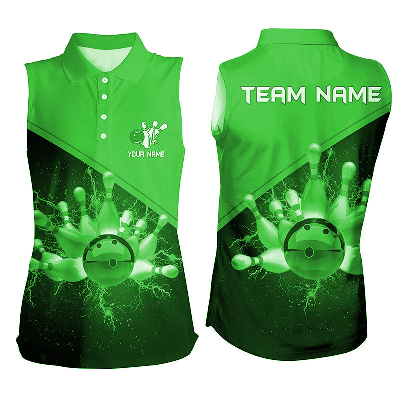 Women sleeveless polo shirts Custom green lightning thunder Bowling Team Jersey, gift for team Bowlers NQS6621