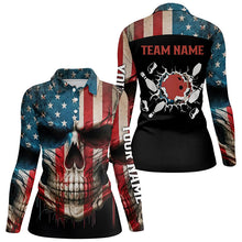 Load image into Gallery viewer, Personalized Skull Bowling Shirt for women Custom Team&#39;s Name American Flag Bowler Jersey Polo Shirt NQS6408