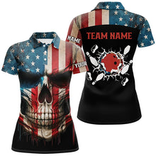 Load image into Gallery viewer, Personalized Skull Bowling Shirt for women Custom Team&#39;s Name American Flag Bowler Jersey Polo Shirt NQS6408