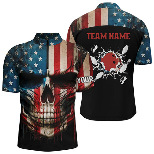 Personalized Skull Bowling Shirt for men Custom Team's Name American Flag Bowler Jersey Quarter Zip NQS6408