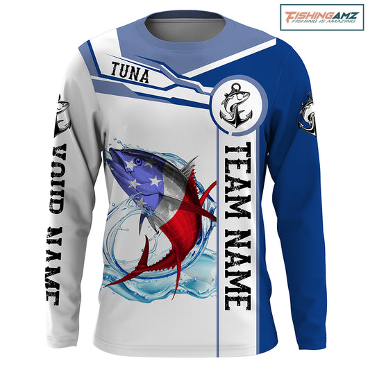 Tuna Fishing crew American Flag Customize name and team name performance Long Sleeve Fishing Shirts, Patriotic Fishing gifts NQS2383