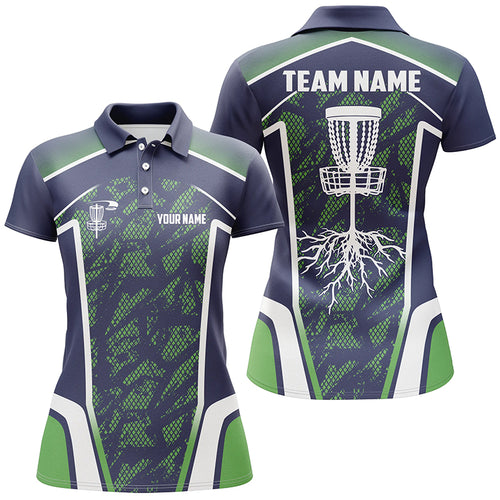 Disc golf hole blue green camo women polo shirts custom name and team name disc golf shirts for women NQS4971