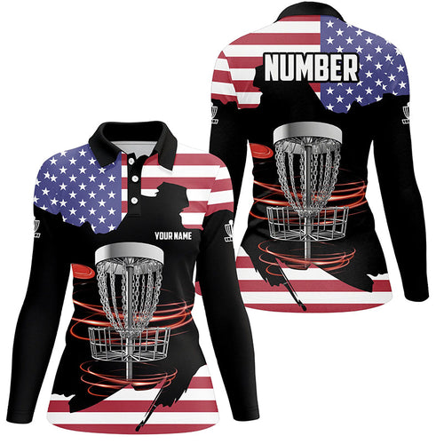 American flag Disc golf basket patriotic Womens disc golf polo shirts custom number disc golf tops NQS7314