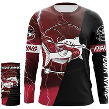 Load image into Gallery viewer, Catfish Fishing tattoo red camo lightning black Custom name performance long sleeve fishing shirts NQS5292