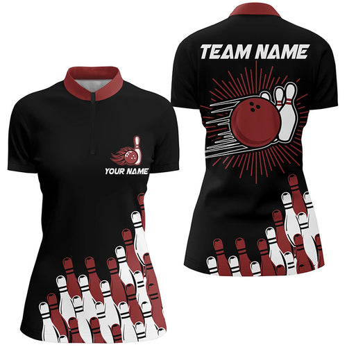 Black retro bowling team shirt custom Women Bowling Quarter Zip Shirt, bowling gifts for her | Red NQS7054