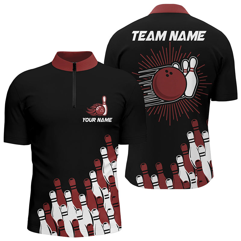 Black retro bowling team shirt custom Men Bowling Quarter Zip Shirt, bowling gifts for him | Red NQS7054