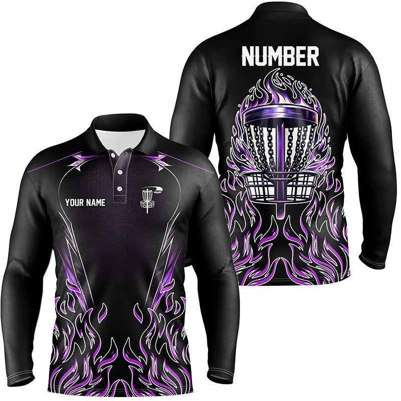 Purple flame Mens Disc golf polo shirts custom black disc golf fire jerseys, disc golf shirts NQS7324