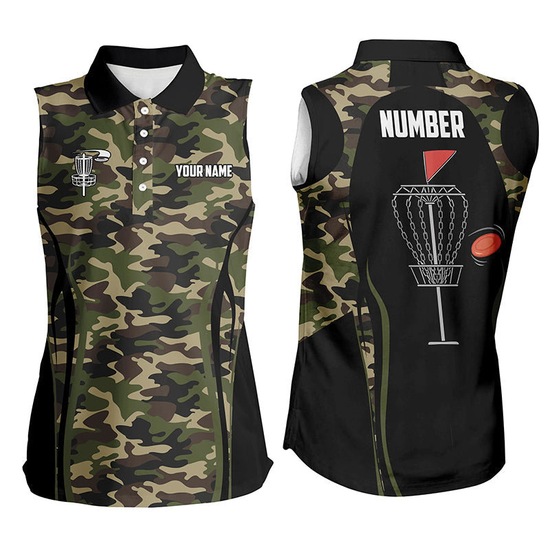 Black Women sleeveless disc golf polo shirt custom name, number camo disc golf jersey apparel NQS6434