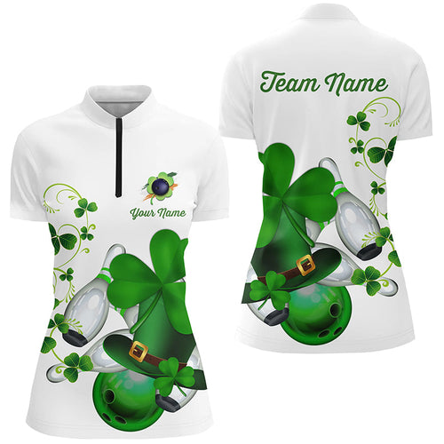 Green shamrock lucky Women bowling Quarter Zip shirt Custom St Patrick Day team bowling jersey NQS7060