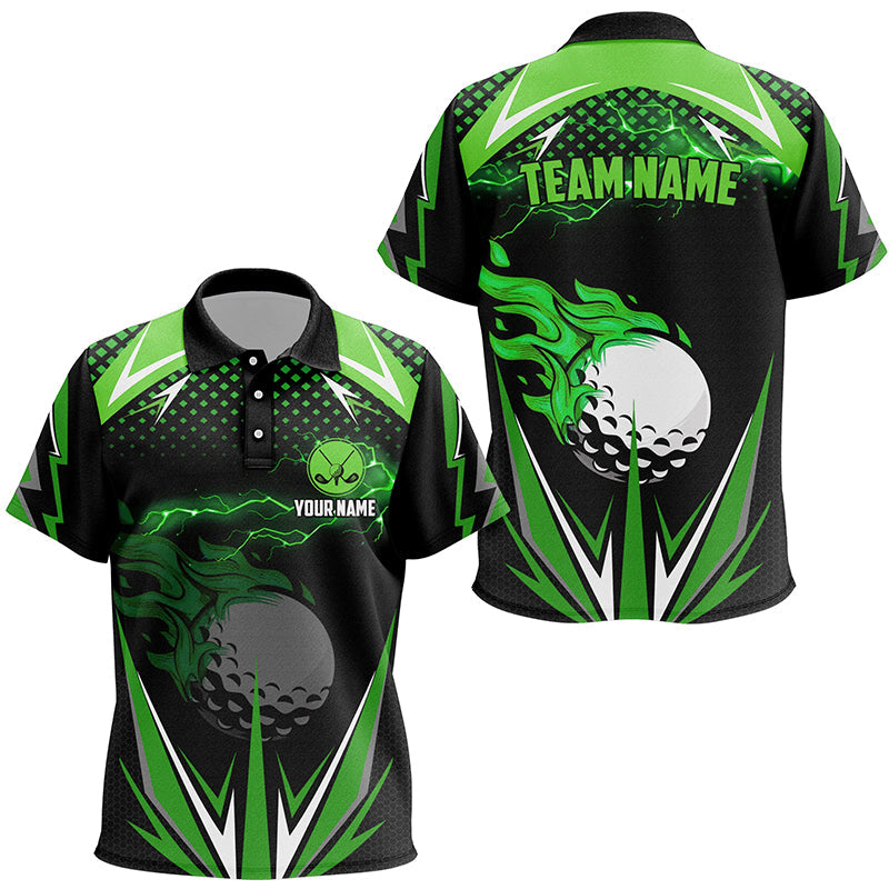 Black Kid golf polo shirts custom green fire lightning team golf jerseys, golf attire for kid NQS7325