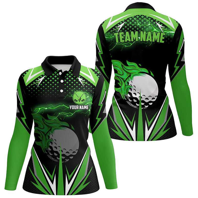 Black Womens golf polo shirts custom green fire lightning team golf jerseys, golf attire for ladies NQS7325