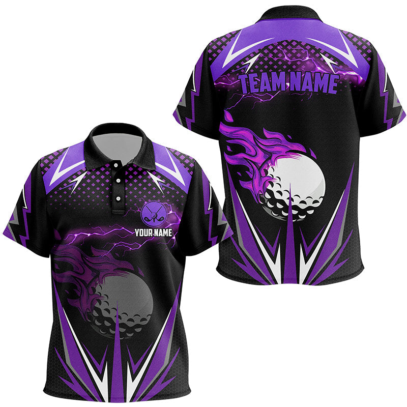 Black Kid golf polo shirts custom purple fire lightning team golf jerseys, golf attire for kid NQS7326