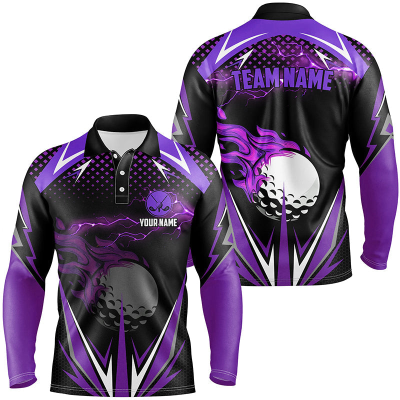 Black Mens golf polo shirts custom purple fire lightning team golf jerseys, golf attire for men NQS7326